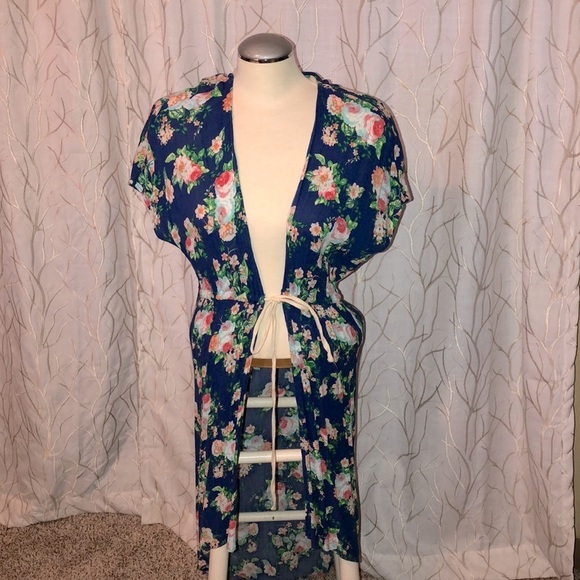 Long blue flowery wrap around cardigan - Picture 1 of 5